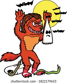 Howl at the moon with this great werewolf design. This illustration features a werewolf holding a trick or treat  bag. 
