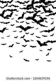 Los murciélagos negros llenos aislados en el fondo blanco vectorial Halloween. Ilustración de criaturas nocturnas de Flittermouse. Siluetas de murciélagos voladores tradicionales símbolos de Halloween sobre blanco.