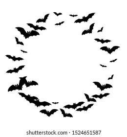 Howling black bats swarm isolated on white vector Halloween background. Flittermouse night creatures illustration. Silhouettes of flying bats traditional Halloween symbols on white.