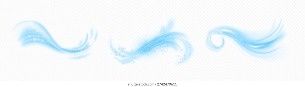 Howling and blowing wind set. Vector isolated swirls with shimmering particles, realistic cold breeze or hurricane. Weather conditions, swirling air current, gale or storm beginning flow