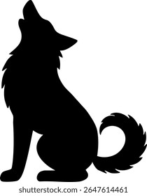 Silhueta de cachorro uivando na pose sentada com cauda macia enrolada. Silhueta de vetor sobre fundo transparente