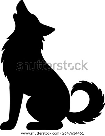 Howling dog silhouette in sitting pose with curled fluffy tail. Vector silhouette on transparent background