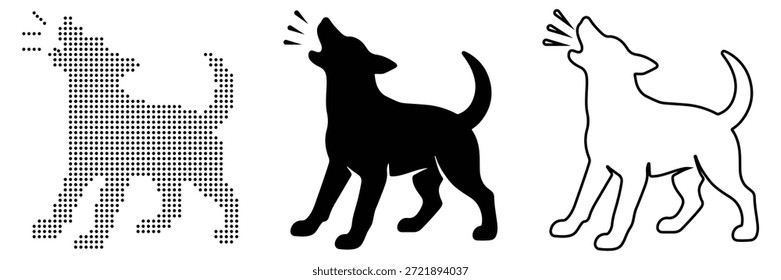 Conjunto de vetor de cachorro uivando exibindo diferentes representações estilizadas de casca de canino

