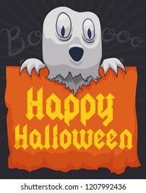 Howling ghost with scary expression holding a greeting ragged sign for Halloween celebration.