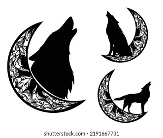 luciendo de pie y sentado con la vista lateral del lobo y la cabeza del perfil con una decoración ornamentada de luna creciente - conjunto de diseño de silueta vectorial en blanco y negro