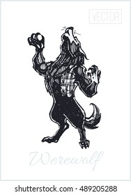 Howling werewolf. drawn in ink by hand. isolated vector. cartoon, vintage. Halloween