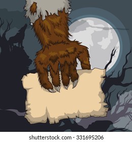 Howling werewolf holding a old paper in a spooky terror night with full moon night.