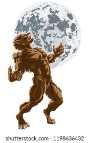 Howling Werewolf scary wolf man horror monster against a full moon in the background