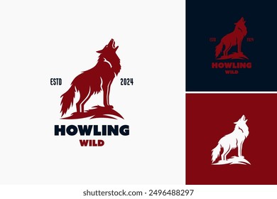 Logo de Howling Wild: un emblema dinámico con la silueta de un lobo, que simboliza la fuerza y el encanto salvaje. Perfecto para marcas de exterior, empresas de aventura. Vector EPS en capas