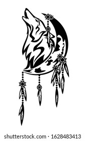 howling wild wolf and crescent moon with tribal feather decor - catcher for sweet dreams concept black and white vector design
