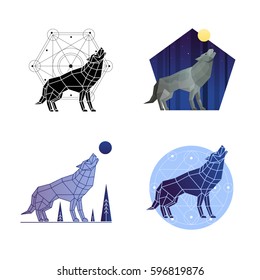 Howling wolf 2x2 icons and emblems in different styles set polygonal isolated vector illustration