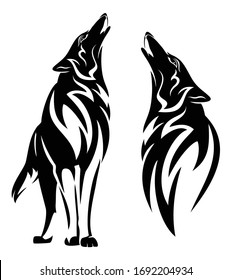 howling wolf black and white vector design set - standing animal and tribal style head outline