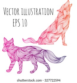 Howling wolf or dog and fox vector illustration.hand-drawn pattern with waves (hair)