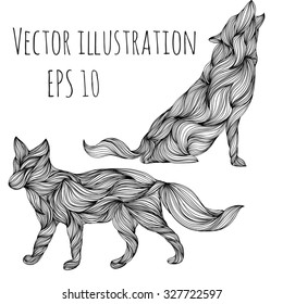 Howling wolf or dog and fox vector illustration.hand-drawn pattern with waves (hair)