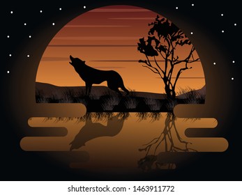 howling wolf flat landscape background design  vector illustration 