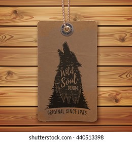 Howling wolf in the forest. Logo template on realistic, vintage price tag, clothing label and wooden planks. Vector illustration.