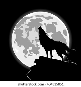 Howling Wolf In Front Of The Cartoon Moon. Halloween Night Background. Silhouette Of Wolf And Moonlight