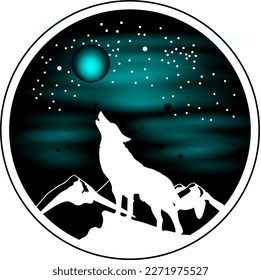 Howling wolf in front of surreal landscape