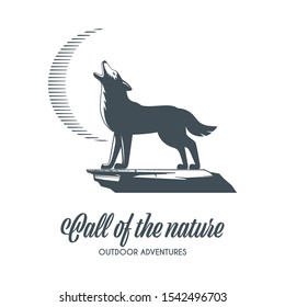 Howling wolf and full moon concept. Monochrome realistic vector illustration