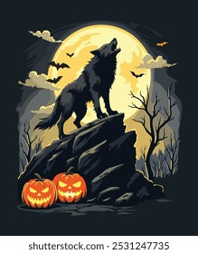 Howling wolf, full moon, spooky landscape, bats, pumpkins: This t-shirt captures the perfect Halloween spirit!