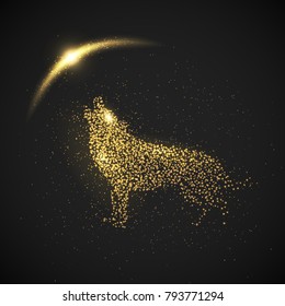 Howling wolf. Gold glitter particles and lights effect on black background. Graphic concept for your design