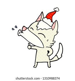 howling wolf hand drawn comic book style illustration of a wearing santa hat