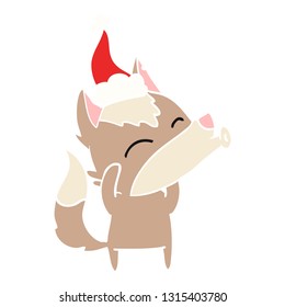 howling wolf hand drawn flat color illustration of a wearing santa hat
