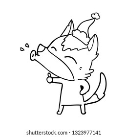 howling wolf hand drawn line drawing of a wearing santa hat