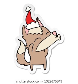 howling wolf hand drawn sticker cartoon of a wearing santa hat