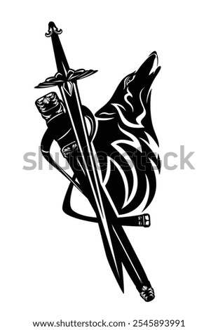 howling wolf head and knight sword with sheath - fantasy medieval hero black and white vector heraldry