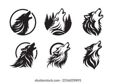 Howling wolf head vector silhouette bundle set