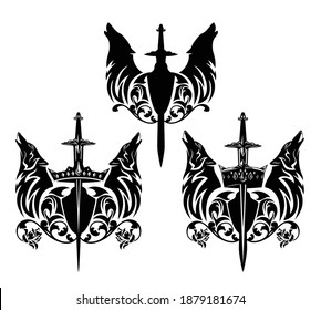 howling wolf heads with heraldic shield, king crown and rose floral decor - royal coat of arms black and white vector design set