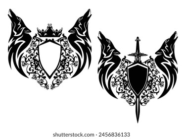 howling wolf heads with heraldic shield, king crown, knight sword and rose flowers - royal coat of arms handdrawn black and white vector design set