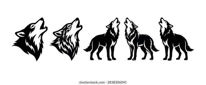 Howling Wolf Icon Set: Black and White Symbols of Wolf Heads and Full Bodies Howling at the Moon.

