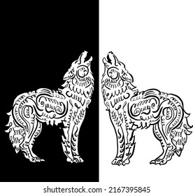 Howling Wolf Line Art Doodle Swirl Pattern Illustration