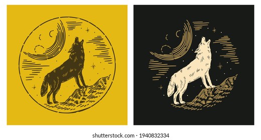 Howling wolf line esoteric alchemy magic space illustration design