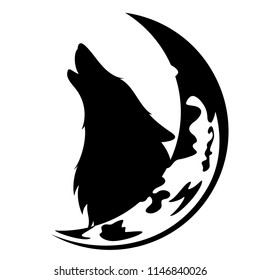 howling wolf and moon crescent black vector design