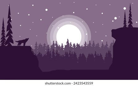 Howling Wolf with Moonlight Landscape Flat Art. Nature and wildlife concept vector art