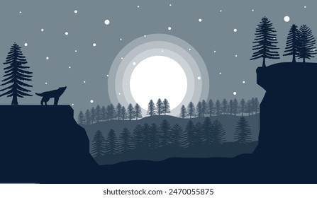 Howling Wolf with Moonlight Landscape Flat Art. Nature and wildlife concept vector