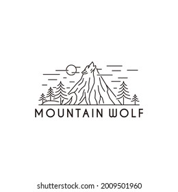 howling wolf with mountains landscape line art style logo design vector illustration