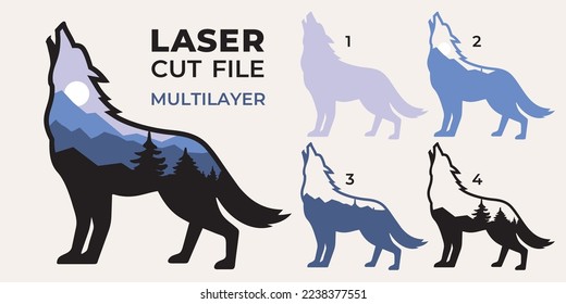 howling wolf in mountains, laser cut multilayer file, vector image