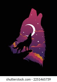 Howling wolf at night vector illustration under crescent moon and stars  Gradient color background 