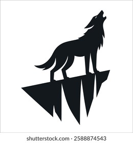 Howling Wolf on Cliff – Bold Black Silhouette Vector