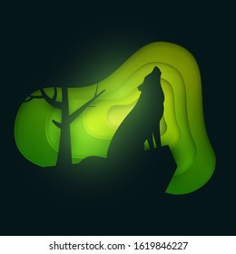 Howling wolf on hill in paper cut trendy craft cartoon style. Minimalistic creative modern design for advertising, branding background greeting card, cover, poster, banner. Vector illustration.