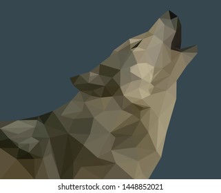 A howling wolf on an invisible moon made up of triangles. Triangulated vector image on a dark background. Wildlife symbol, gray predator. Stylish design picture.