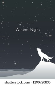 Howling wolf on mountain landscape at night sky among the star in winter season vector for decoration on advertising design.