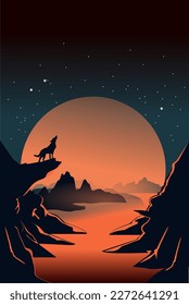 Howling wolf on a rock against stunning backdrop with moon
