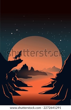 Howling wolf on a rock against stunning backdrop with moon