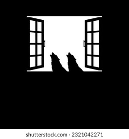 Howling Wolf on the Windows. Dramatic, Creepy, Horror, Scary, Mystery, or Spooky Illustration. Illustration for Horror Movie of Film or Halloween Poster Element. Vector Illustration