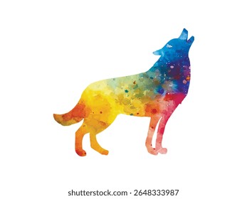 Um lobo uivando, pintado em cores multicoloridas